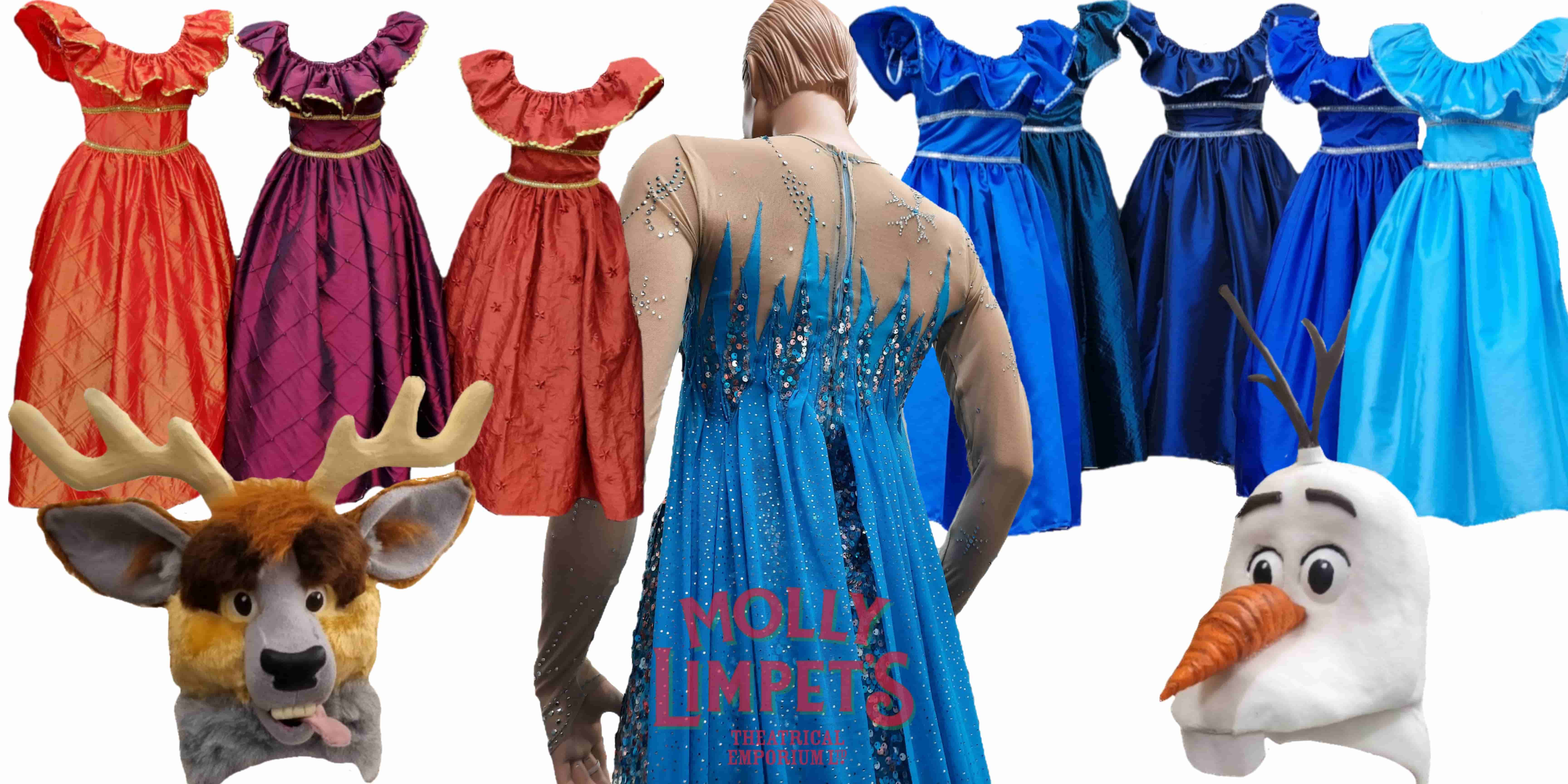 olaf, anna and elsa theatrical stage hire costumes UK