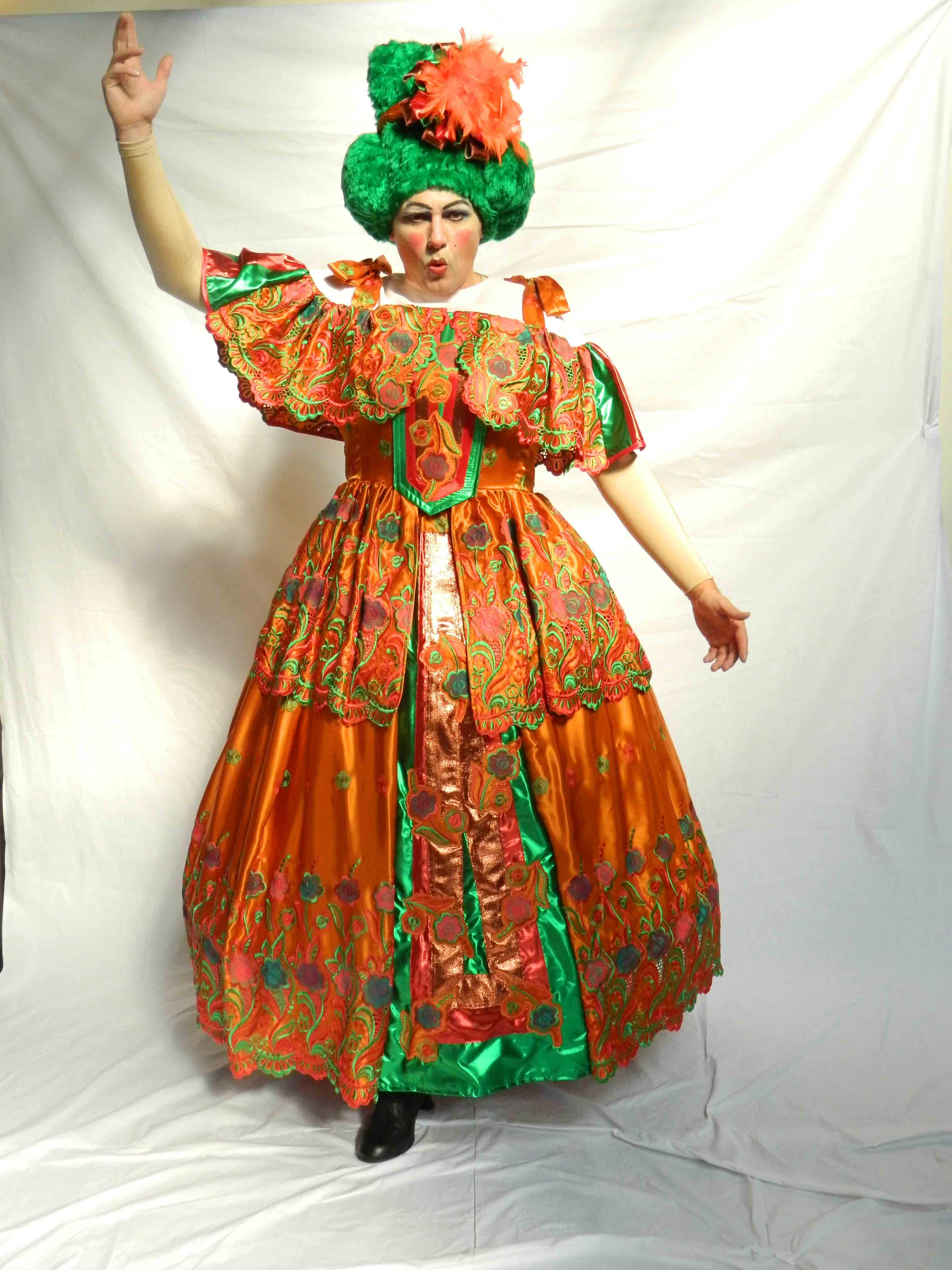 Panto Dame - Orange Green Ballgown